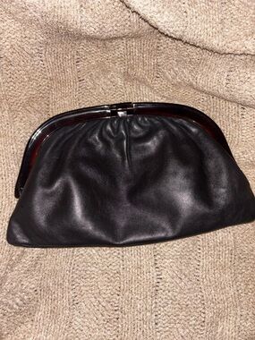 Vintage Italian Black Leather Clutch with Tortoiseshell Frame Handle